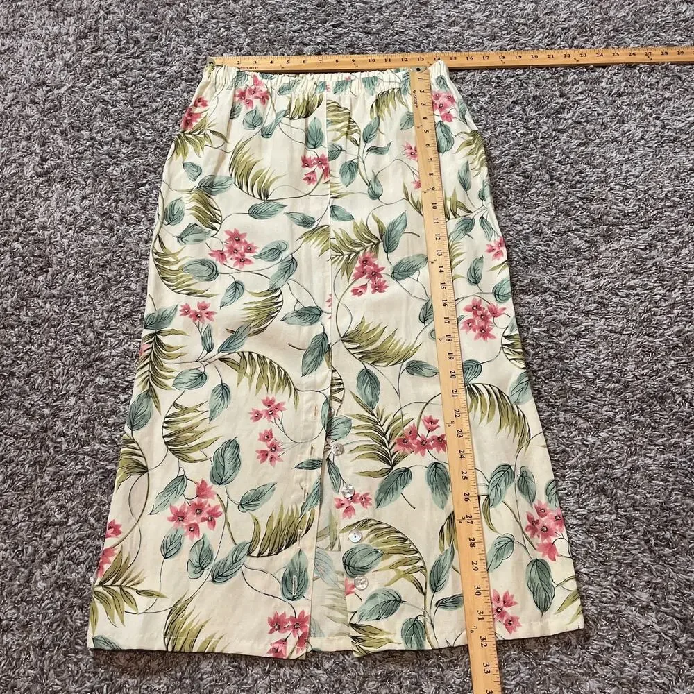 Vintage Midi Skirt Size Small Cream Yellow Floral Print Tropical Boho Linen 90s